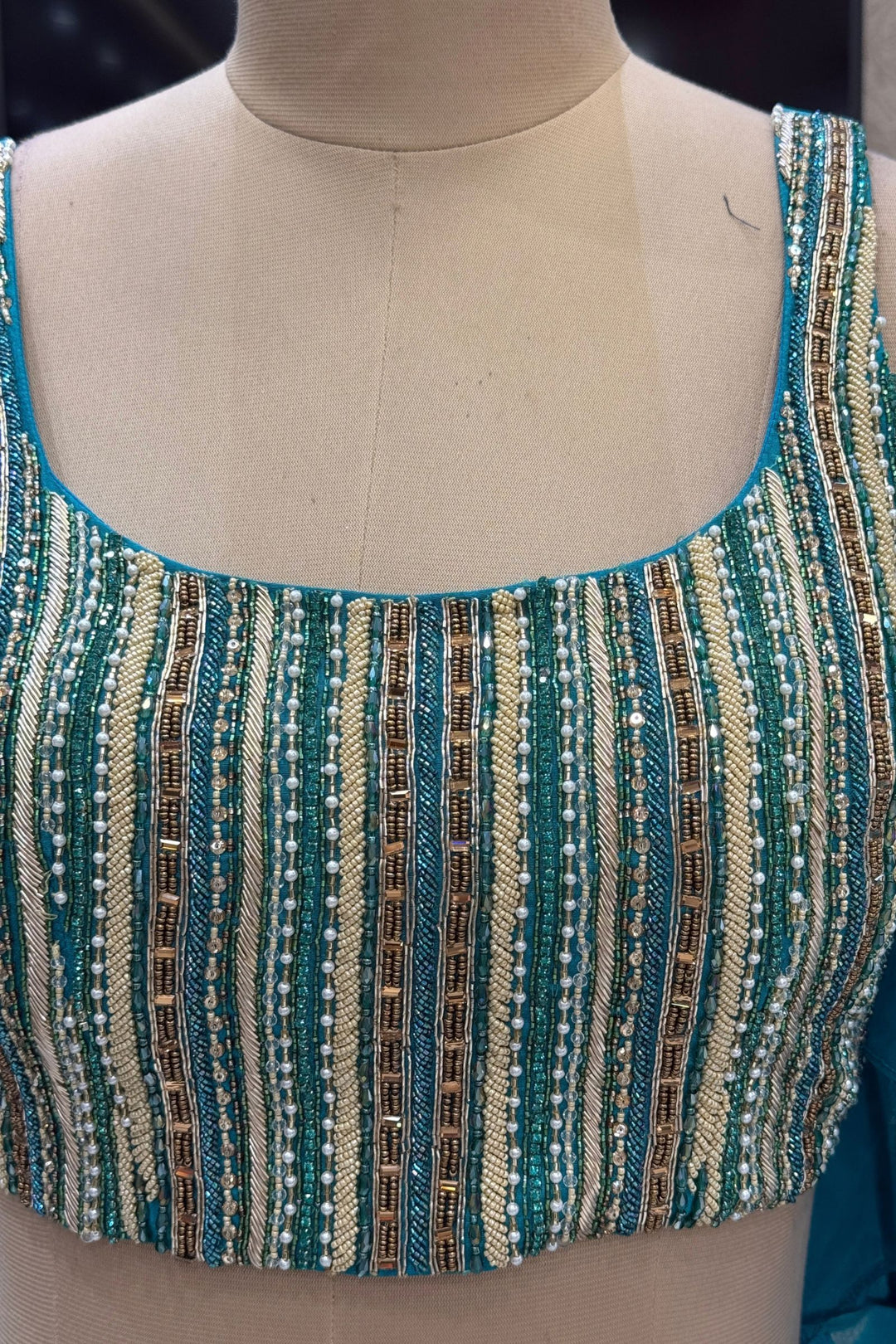 Rama Green Beads, Zardozi, Sequins, Stone and Zari work with Floral Print Lehenga Set