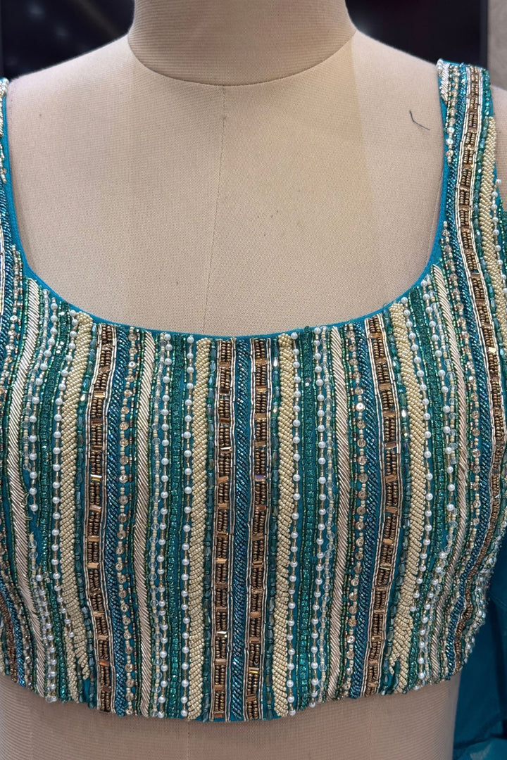 Rama Green Beads, Zardozi, Sequins, Stone and Zari work with Floral Print Lehenga Set