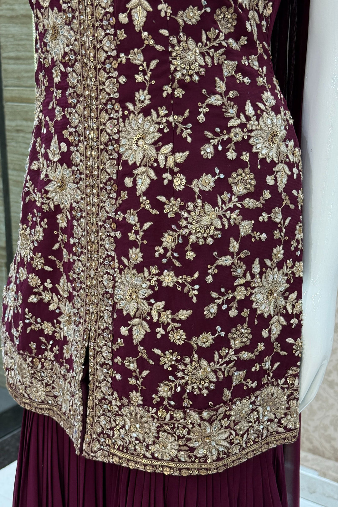 Wine Sequins, Zari, Stone, Mirror and Thread work Sharara Salwar Suit