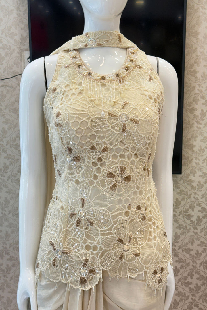 Cream Indo-Western Styled Beads, Sequins and Thread work Top and Cowl Skirt