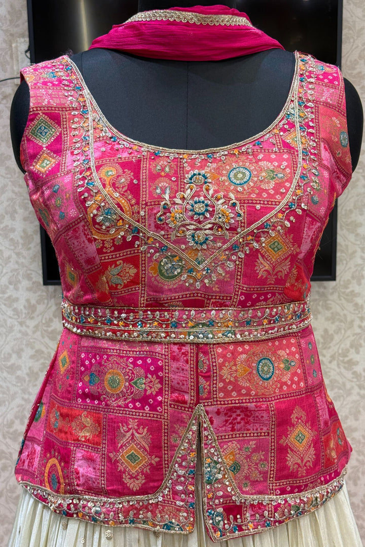 Rani Pink with Cream Banaras, Beads, Sequins, Zari and Stone work Peplum Style Lehenga