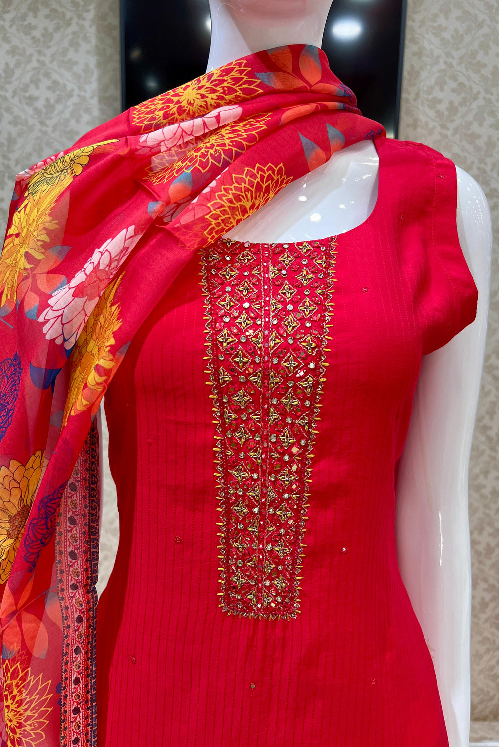 Red Mirror, Stone, Thread and Zari work Straight Cut Salwar Suit with Floral Print Dupatta