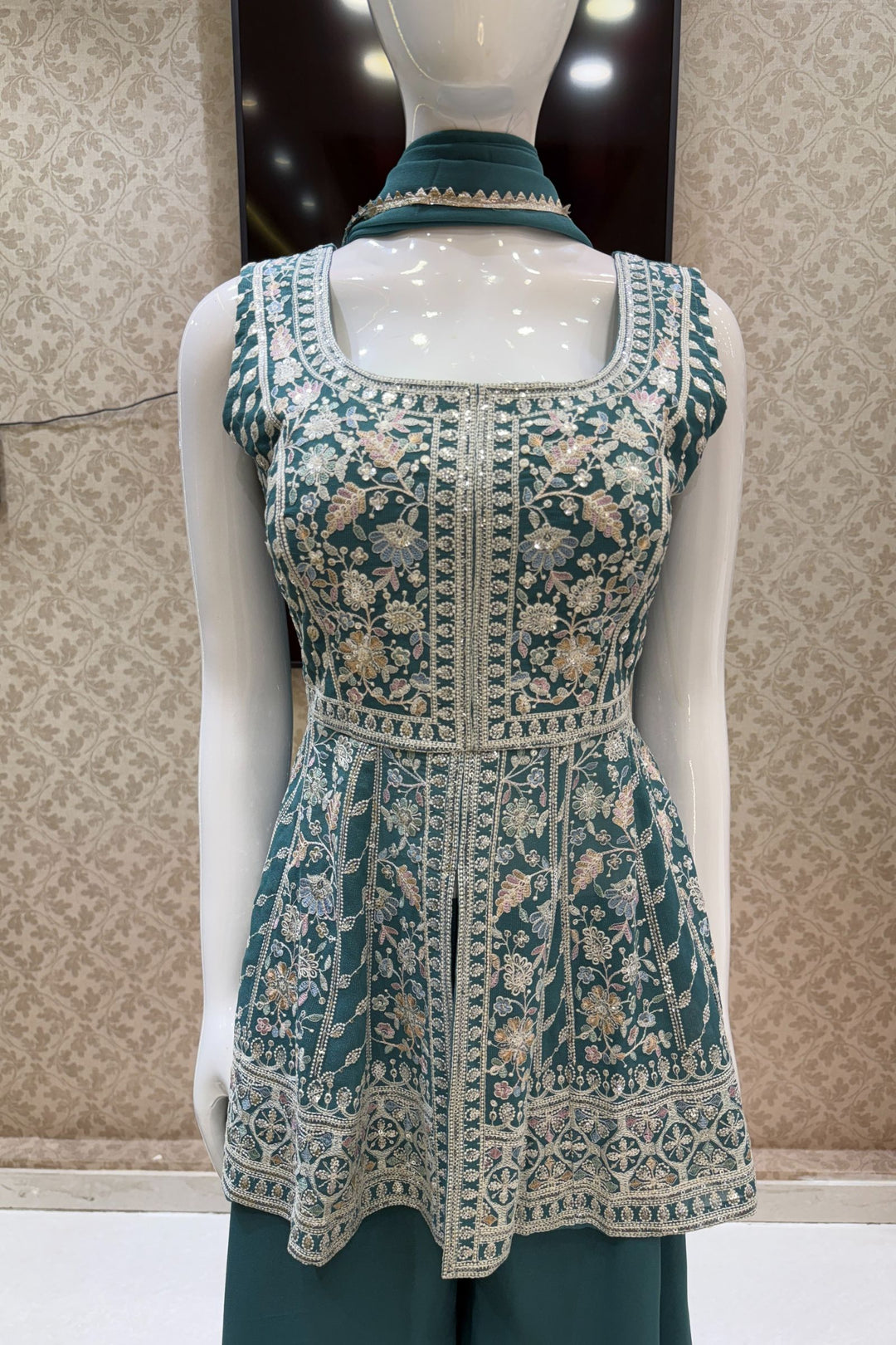 Sea Green Multicolor Embroidery and Sequins work Peplum Top with Palazzo Suit Set