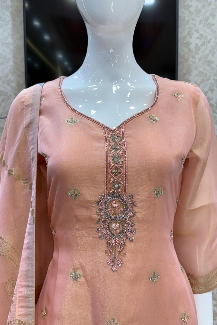 Peach Beads, Mirror, Sequins, Jacquard and Stone work Straight Cut Salwar Suit