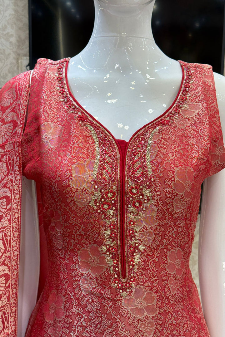 Red Brocade, Zardozi, Stone, Beads and Thread work Straight Cut Salwar Suit