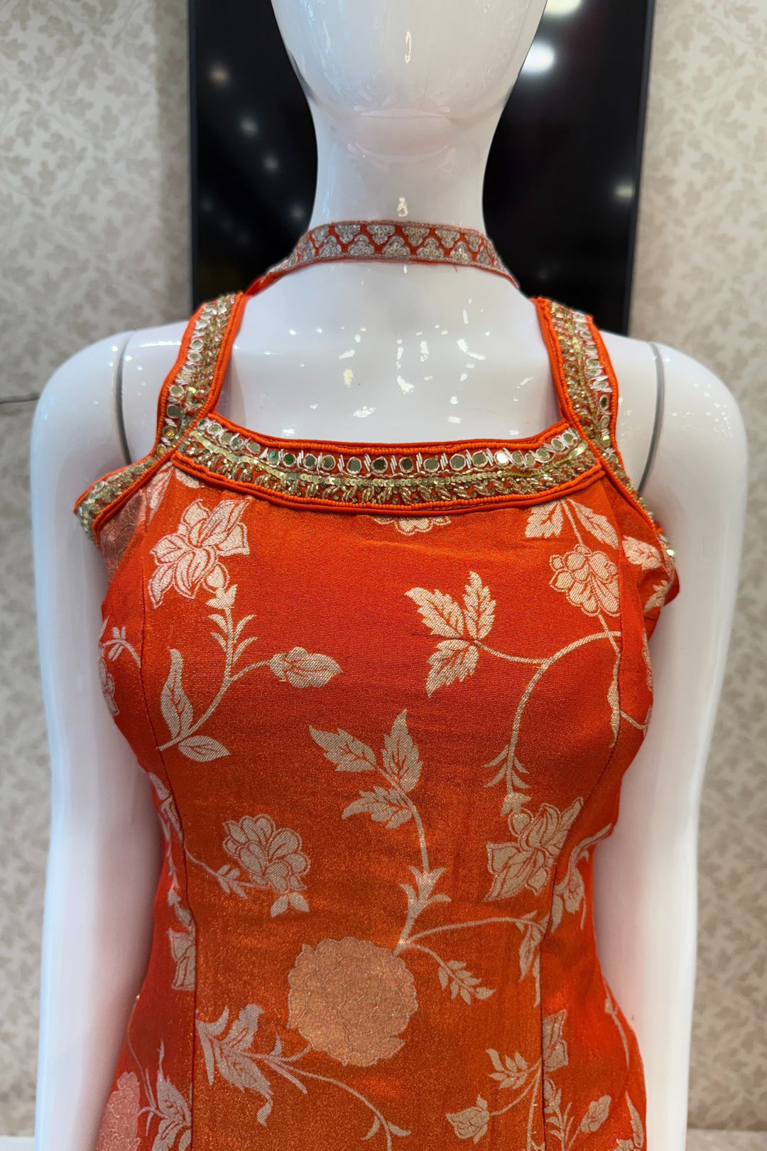 Orange Banaras Zari, Mirror, Zardozi, Sequins, Stone and Beads work Palazzo Salwar Suit