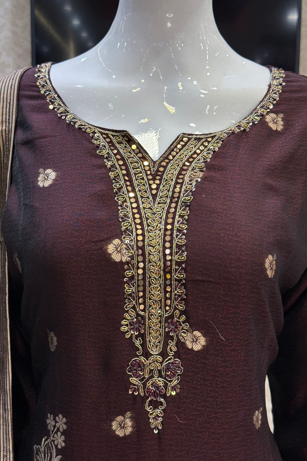 Brown Zardozi, Sequins, Beads and Banaras work Straight Cut Salwar Suit