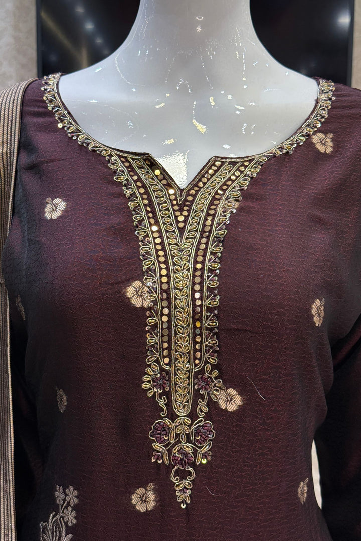 Brown Zardozi, Sequins, Beads and Banaras work Straight Cut Salwar Suit