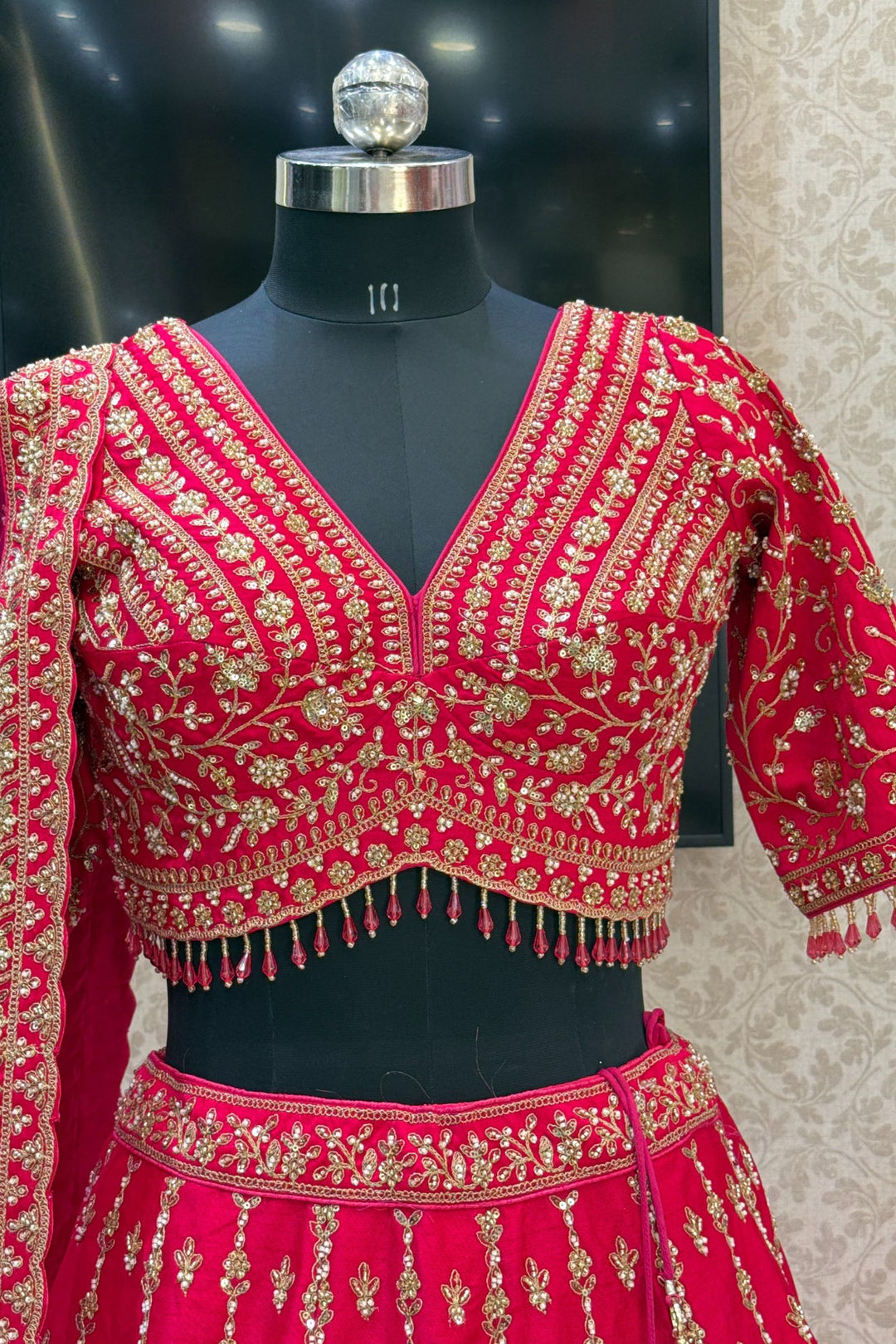 Rani Pink Beads, Zari, Zardozi and Sequins work Crop Top Designer Bridal Lehenga with Belt