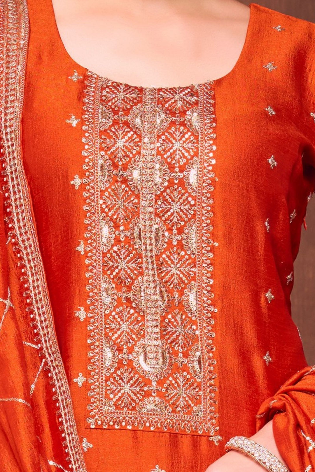 Orange Sequins, Zari and Beads work Straight Cut Salwar Suit