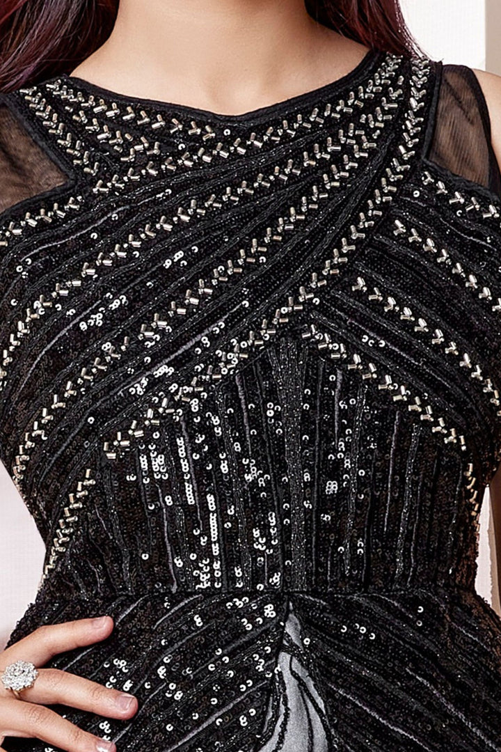 Black Sequins, Beads and Thread work Long Party Gown for Girls