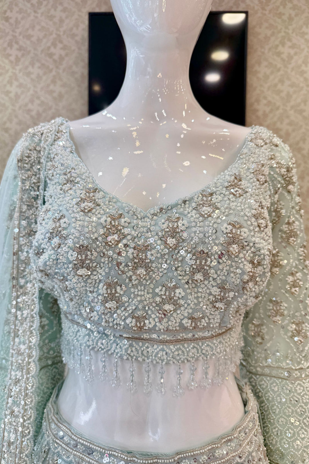 Aqua Blue Beads, Sequins and Zari work Crop Top Designer Bridal Lehenga