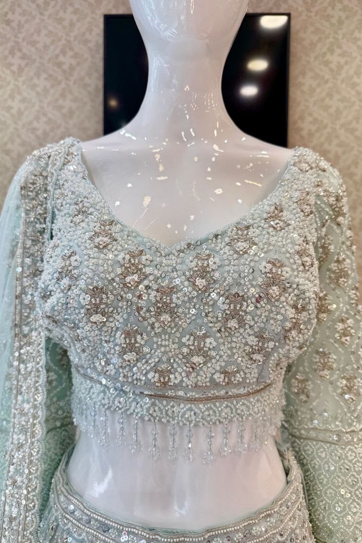 Aqua Blue Beads, Sequins and Zari work Crop Top Designer Bridal Lehenga