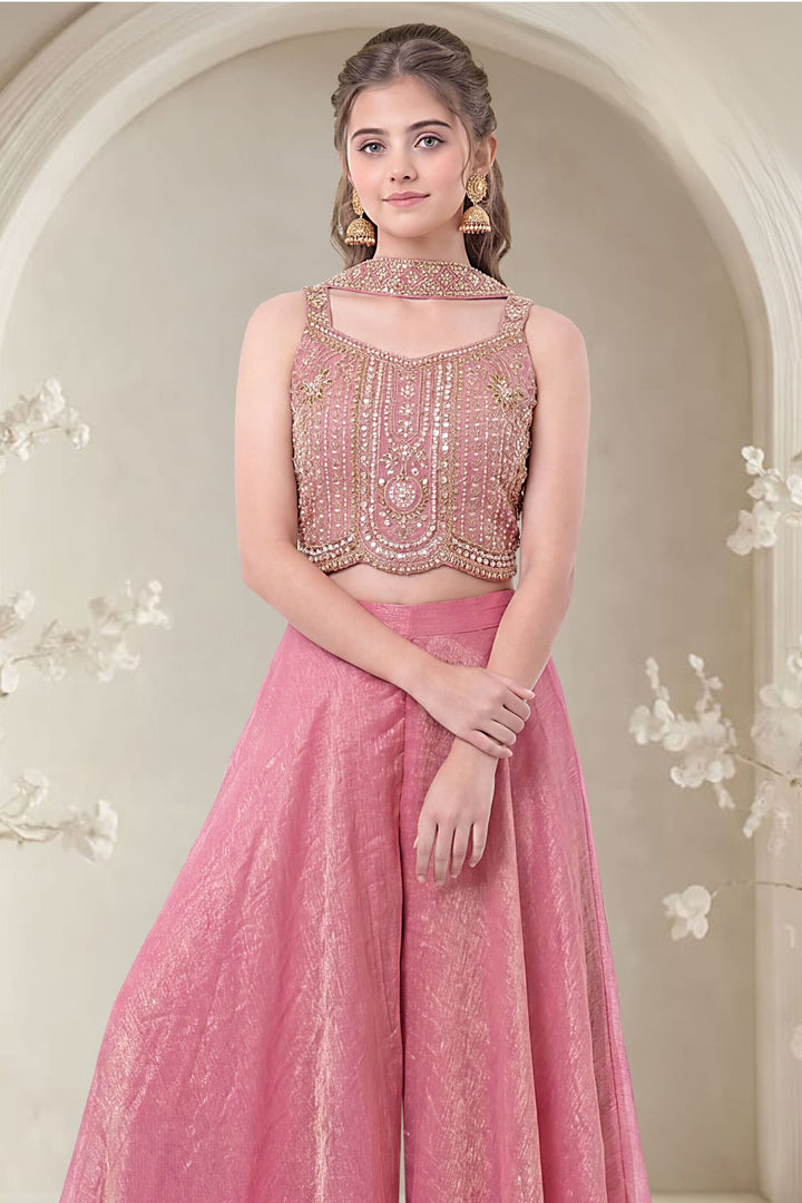 Pink Zari, Beads and Sequins work Palazzo Suit Set for Girls