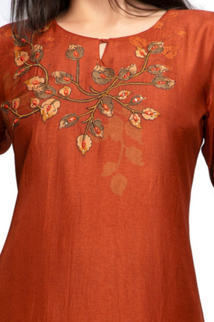 Rust Mirror work with Digital Print Calf Length Kurti