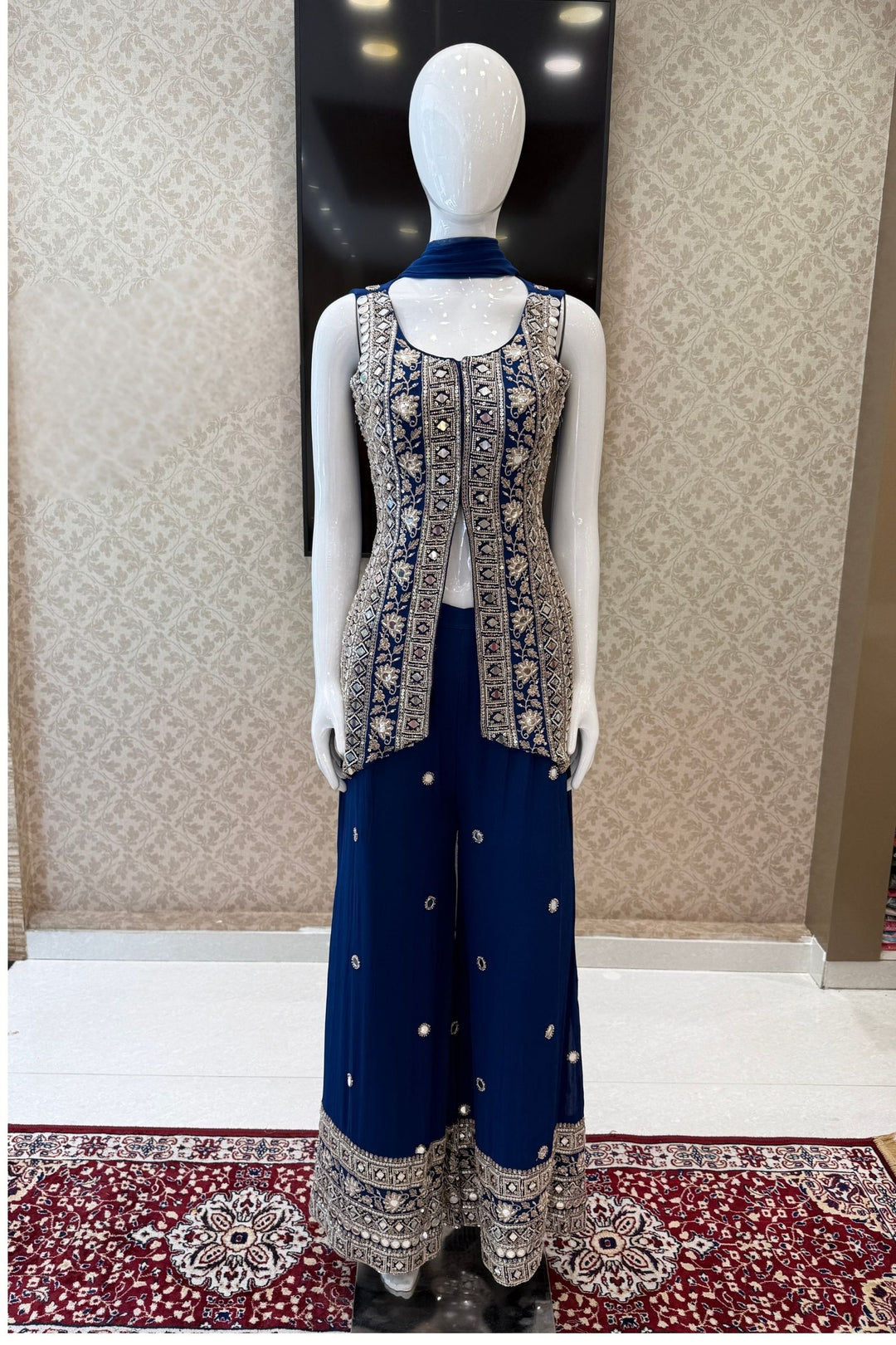 Teal Blue Mirror, Beads, Sequins and Zari work Palazzo Salwar Suit