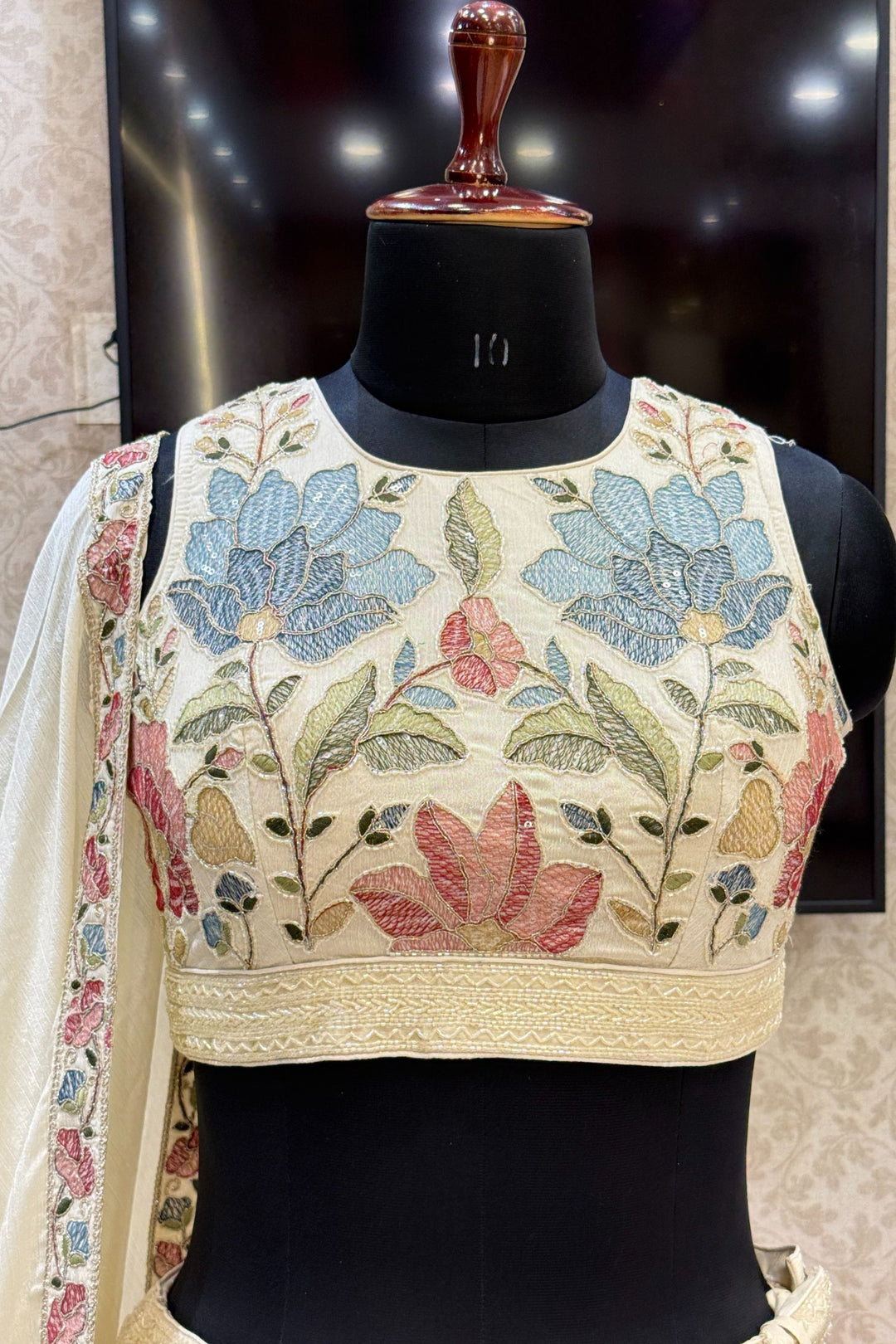 Cream Multicolor Thread, Beads, Zari Thread and Sequins work Crop Top Lehenga