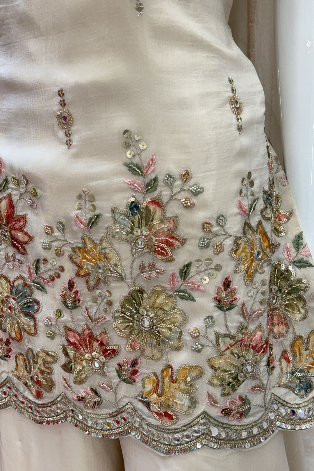 Cream Zari, Sequins, Beads and Mirror work with Floral Print Palazzo Salwar Suit