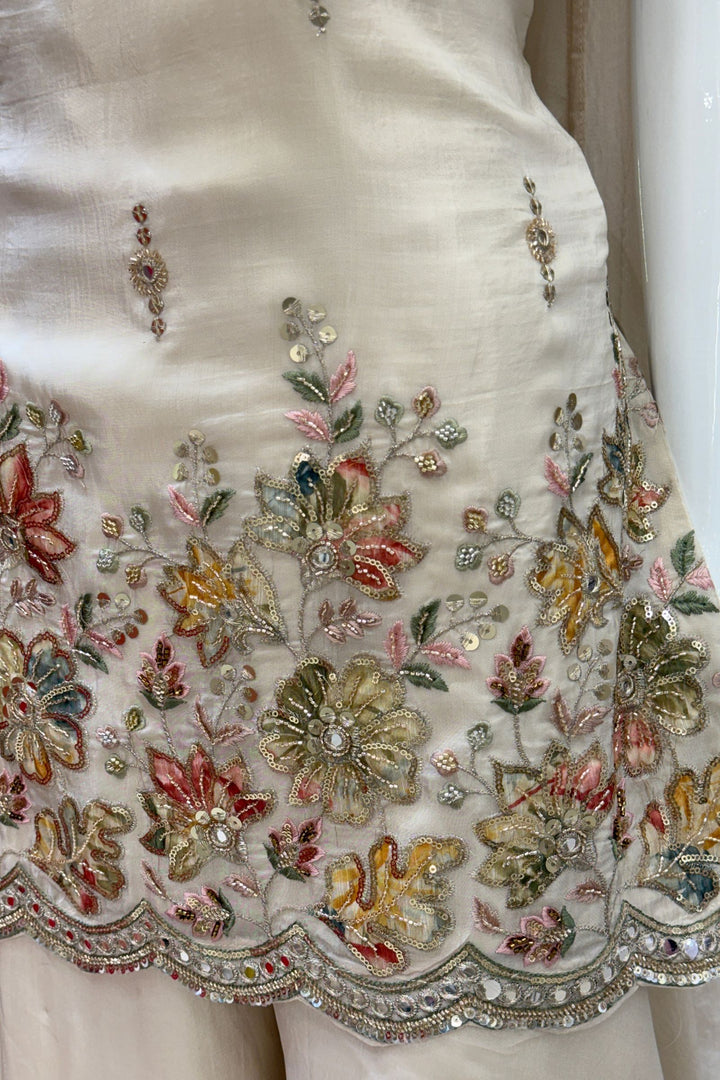 Cream Zari, Sequins, Beads and Mirror work with Floral Print Palazzo Salwar Suit
