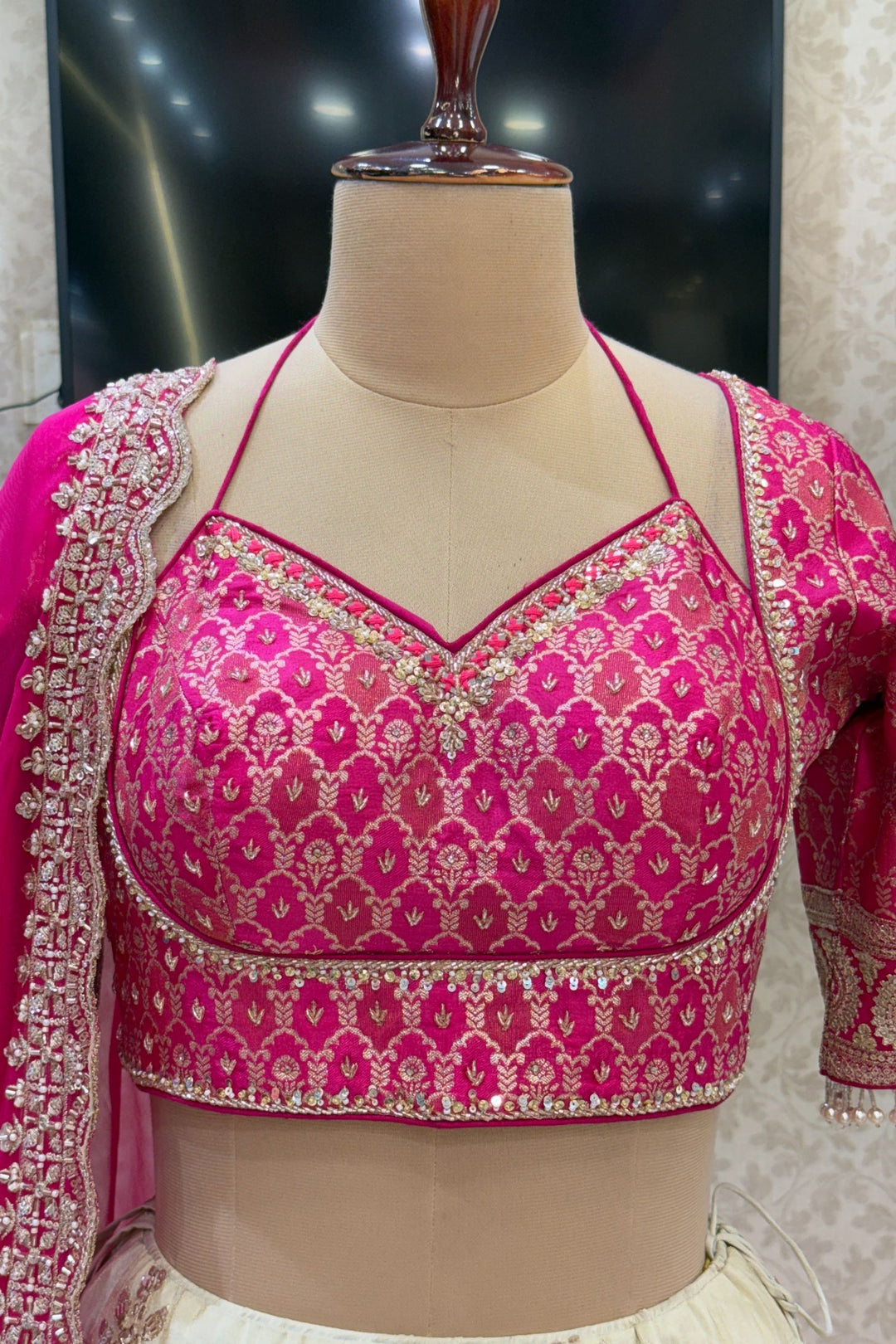 Pink with Cream Beads, Sequins, Stone, Mirror, Zari and Banaras work Crop Top Lehenga