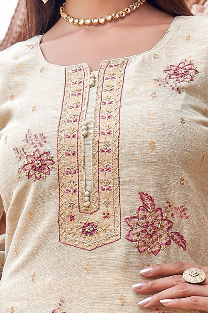 Beige Embroidery, Sequins and Zari work Straight Cut Salwar Suit