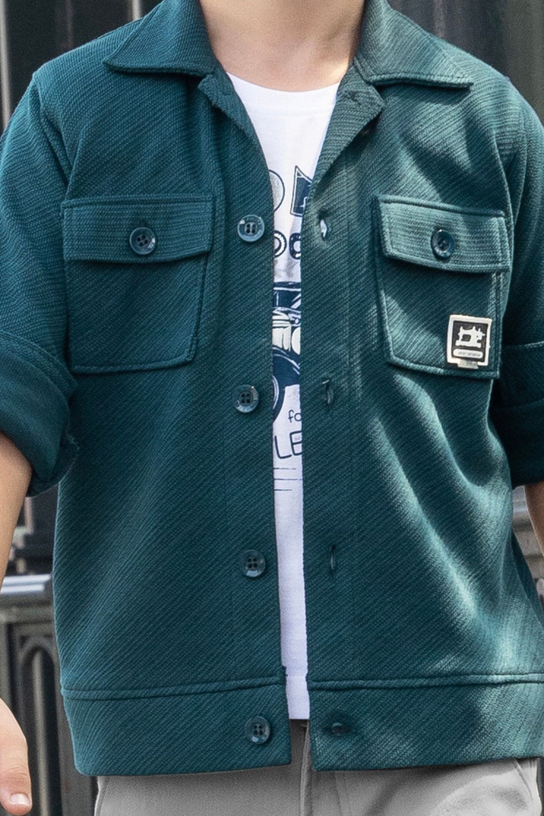 Teal Blue Blazer, White Printed T-Shirt and Grey Pant Set for Boys