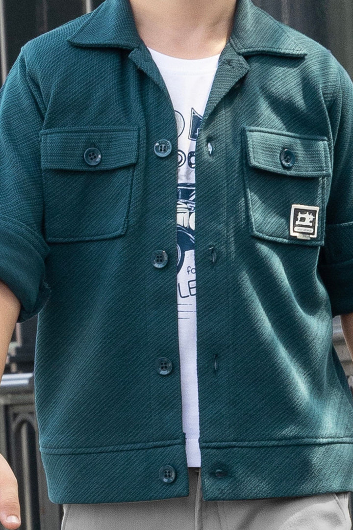 Teal Blue Blazer, White Printed T-Shirt and Grey Pant Set for Boys