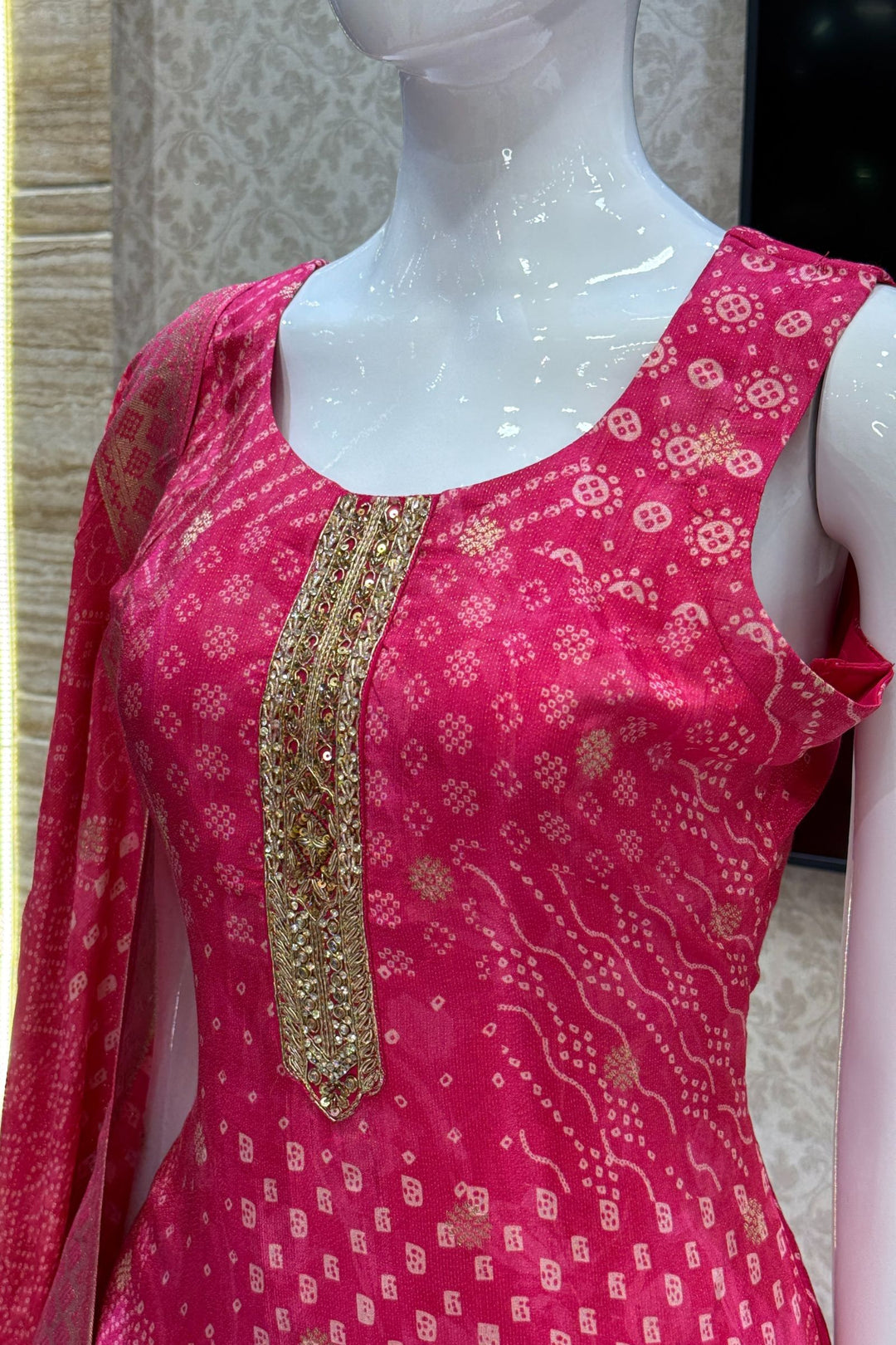 Rani Pink Banaras and Zari Weaving work with Bandini Print Straight Cut Salwar Suit