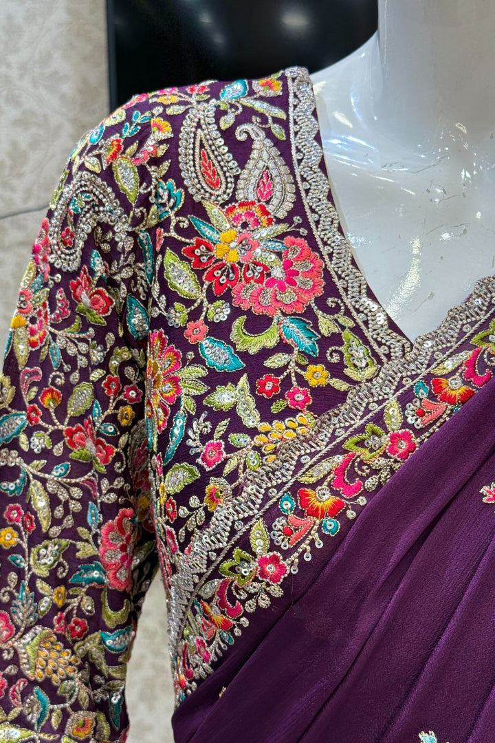 Purple Embroidery, Sequins and Zari work Saree
