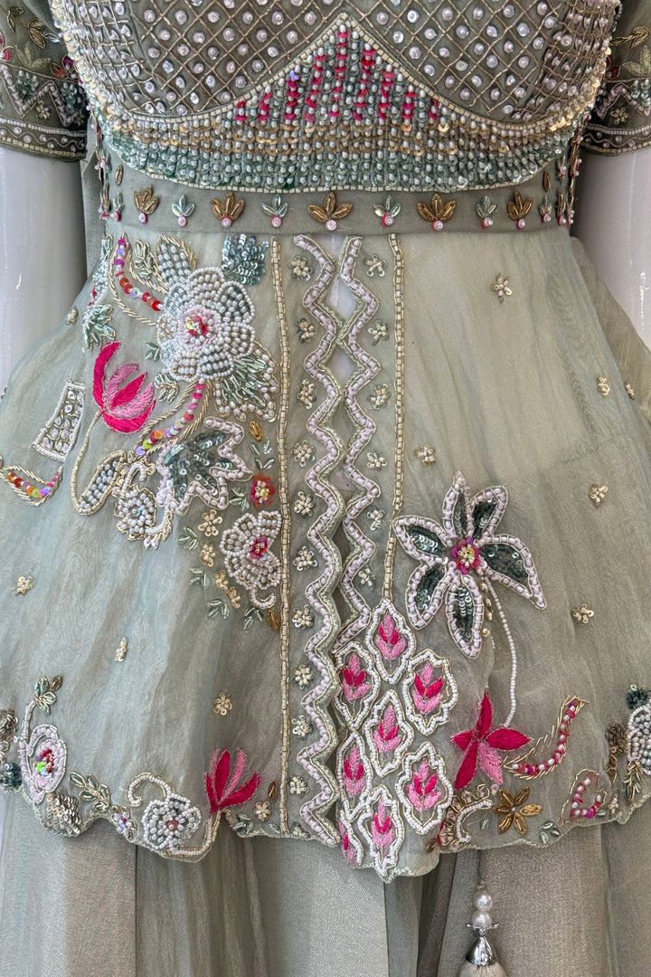 Sea Green Beads, Zardozi, Sequins and Multicolor Thread work Peplum Style Lehenga