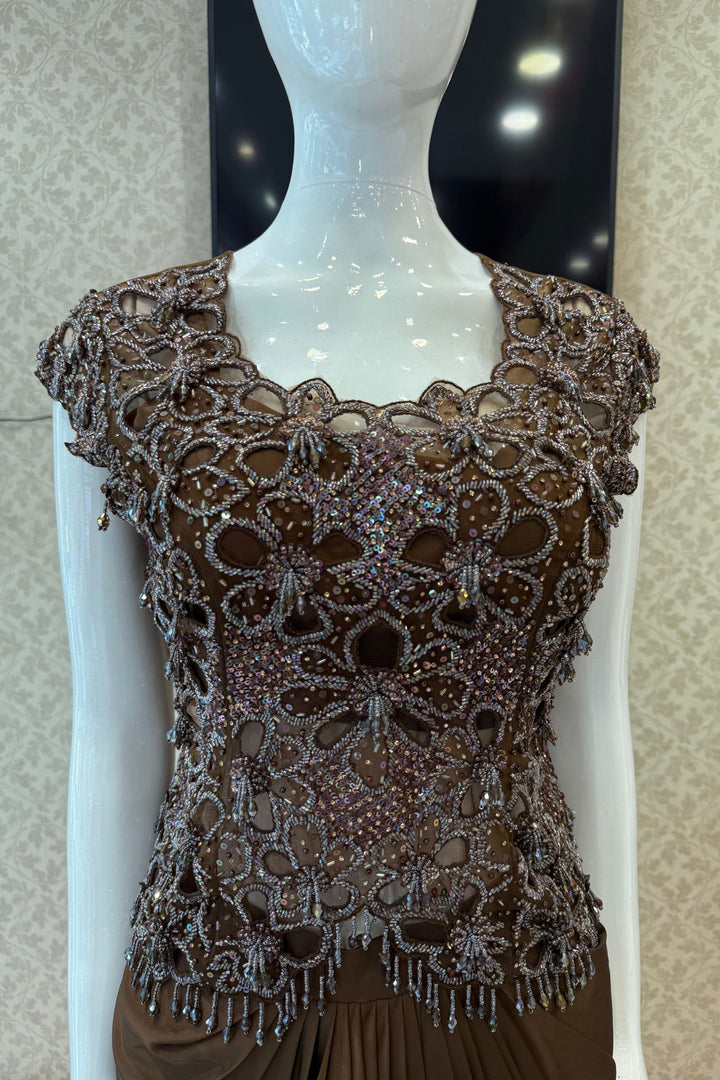 Brown Indo-Western Styled Beads and Sequins work Top and Cowl Skirt