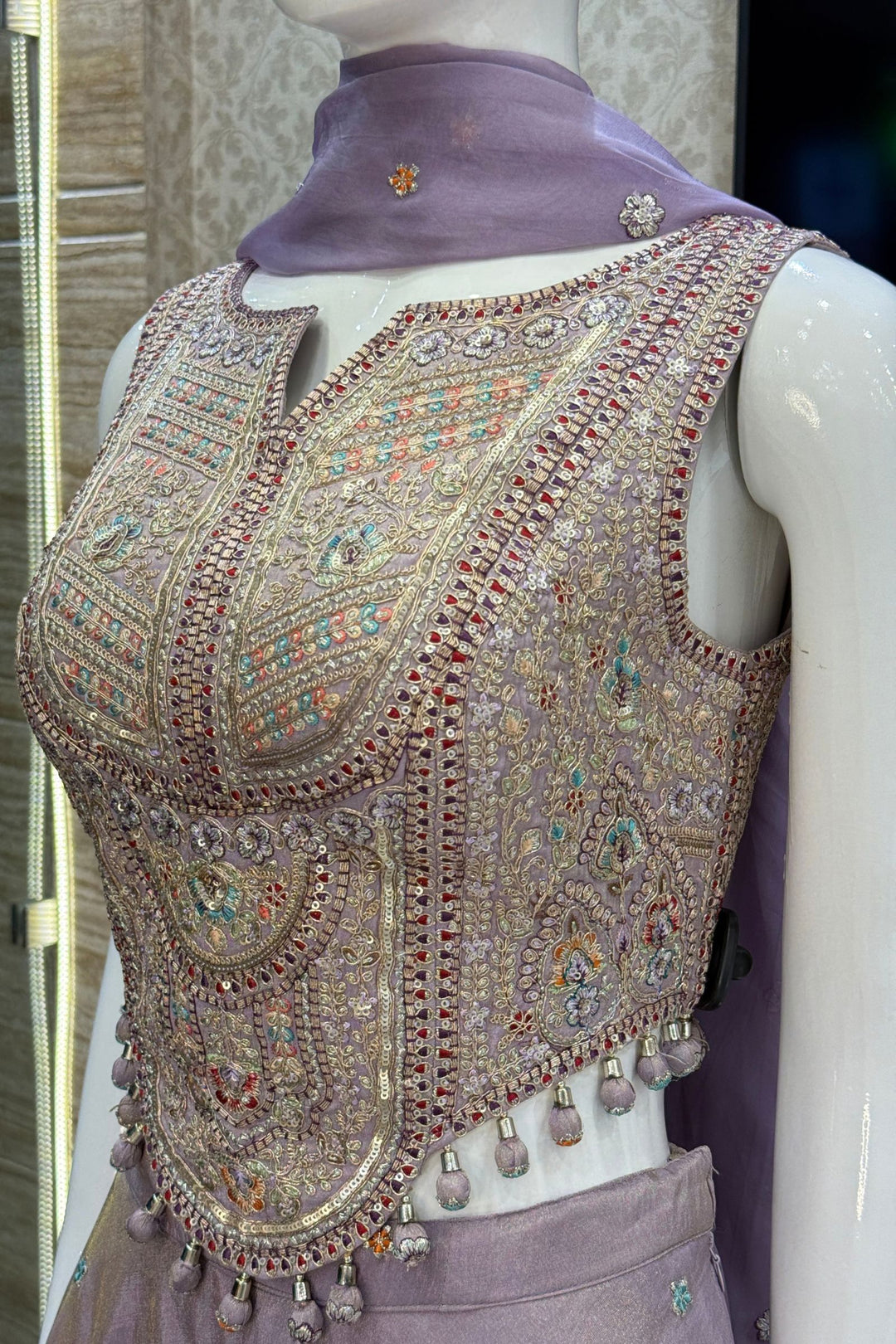 Lavender Zari, Sequins and Multicolor Thread work Palazzo Suit Set