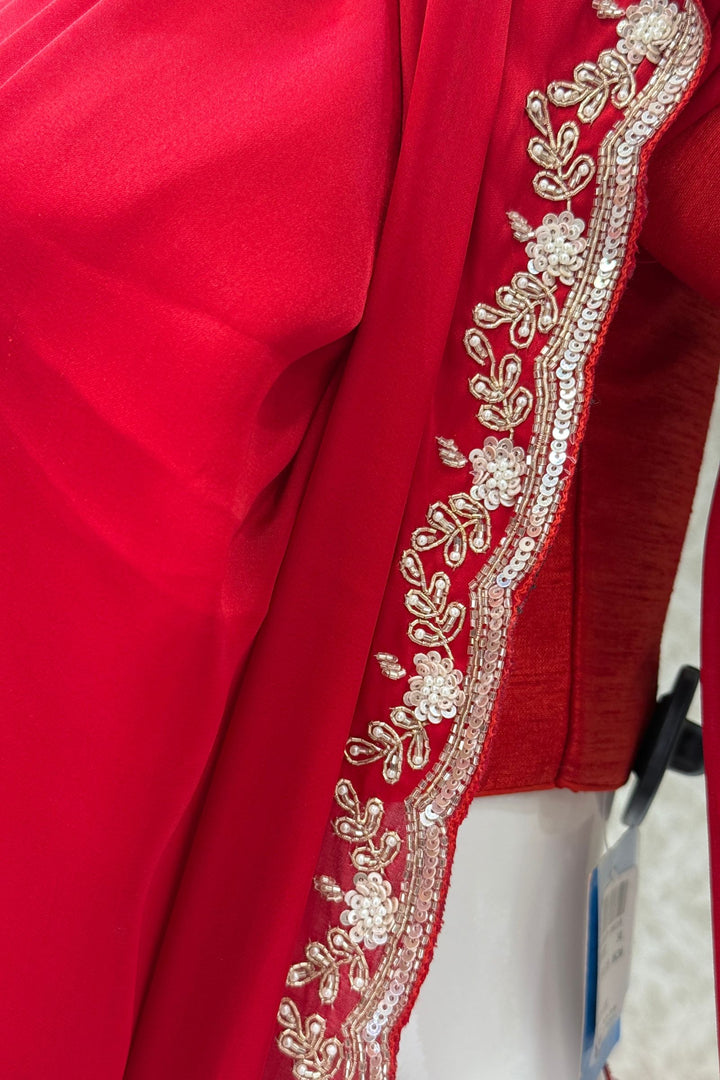 Red Satin Saree Featuring Exquisite Bead, Zardozi and Sequins