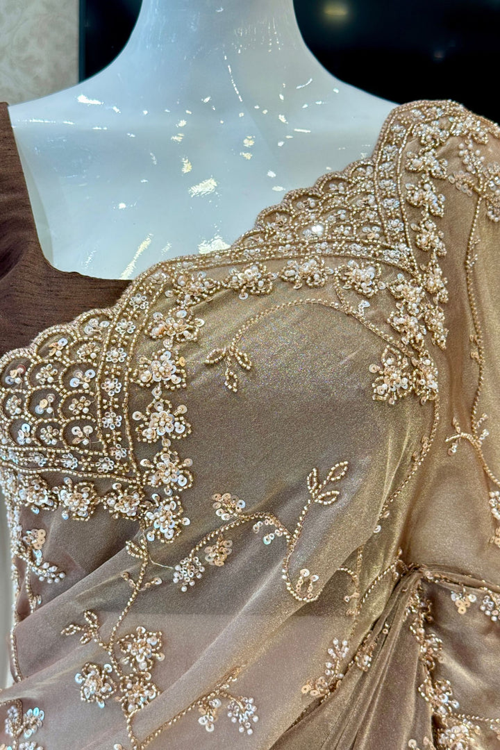 Dark Chiku Saree with Intricate Sequin &amp; Beaded Embroidery and Scalloped Border
