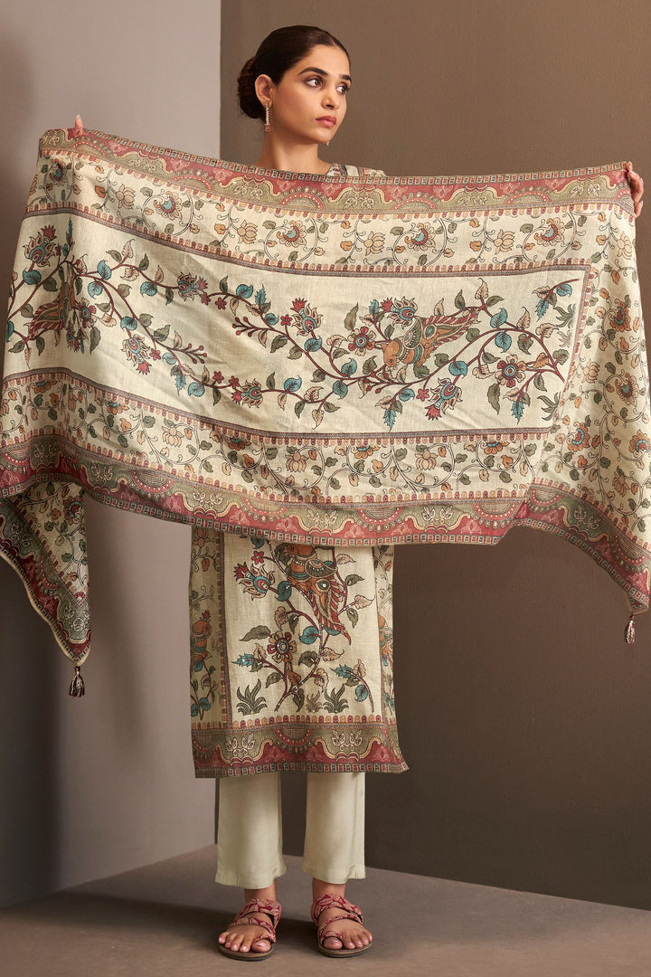 Beige Beads and Sequins work with Digital Print Straight Cut Salwar Suit