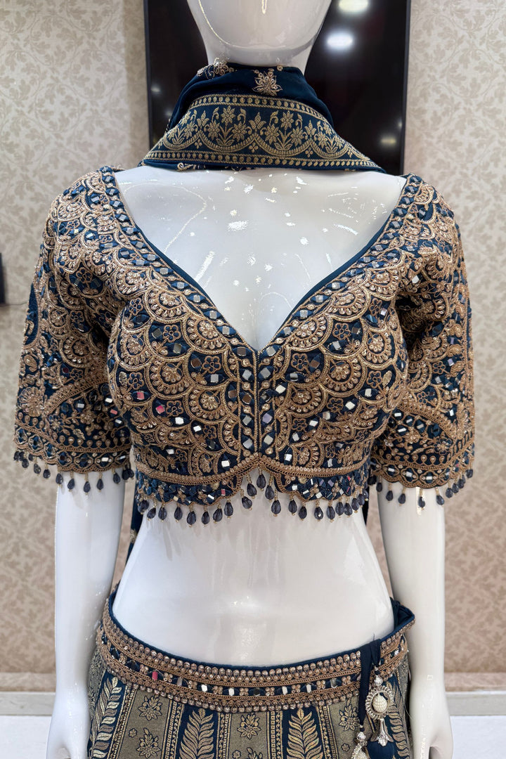 Peacock Blue Mirror, Beads, Zari, Sequins and Banaras work Crop Top Bridal Lehenga