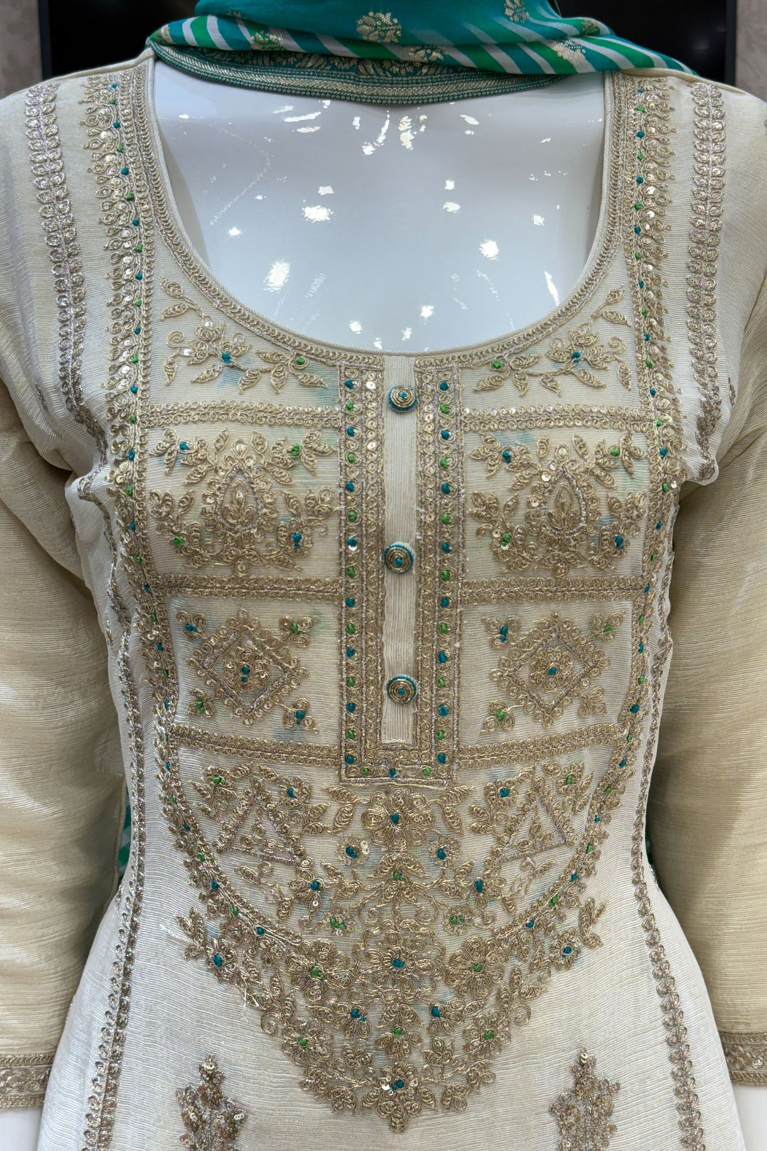 Beige Zari, Sequins and Thread work with Leheriya Print Palazzo Salwar Suit