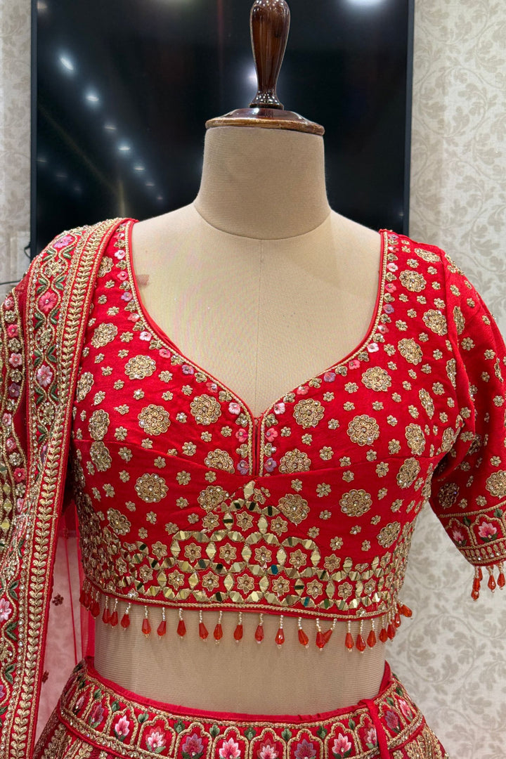 Designer Bridal Red Lehenga with Rich Multicolor Embroidery, Stone and Mirror Work