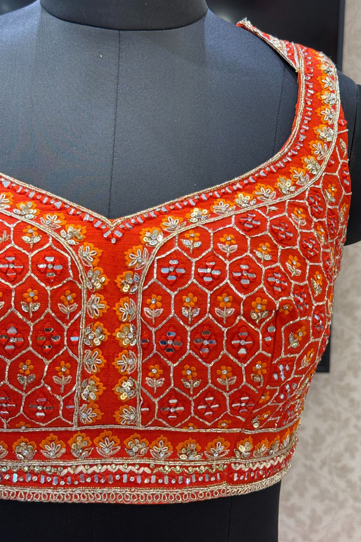 Orange Mirror, Stone, Zardozi and Sequins work with Bandini Print Crop Top Lehenga