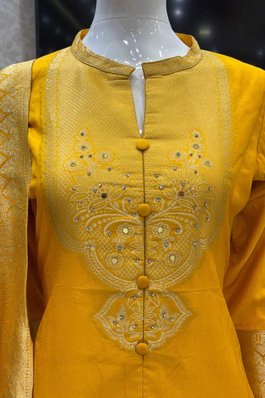 Yellow Straight Cut Salwar Suit with Stone, Mirror and Banaras work