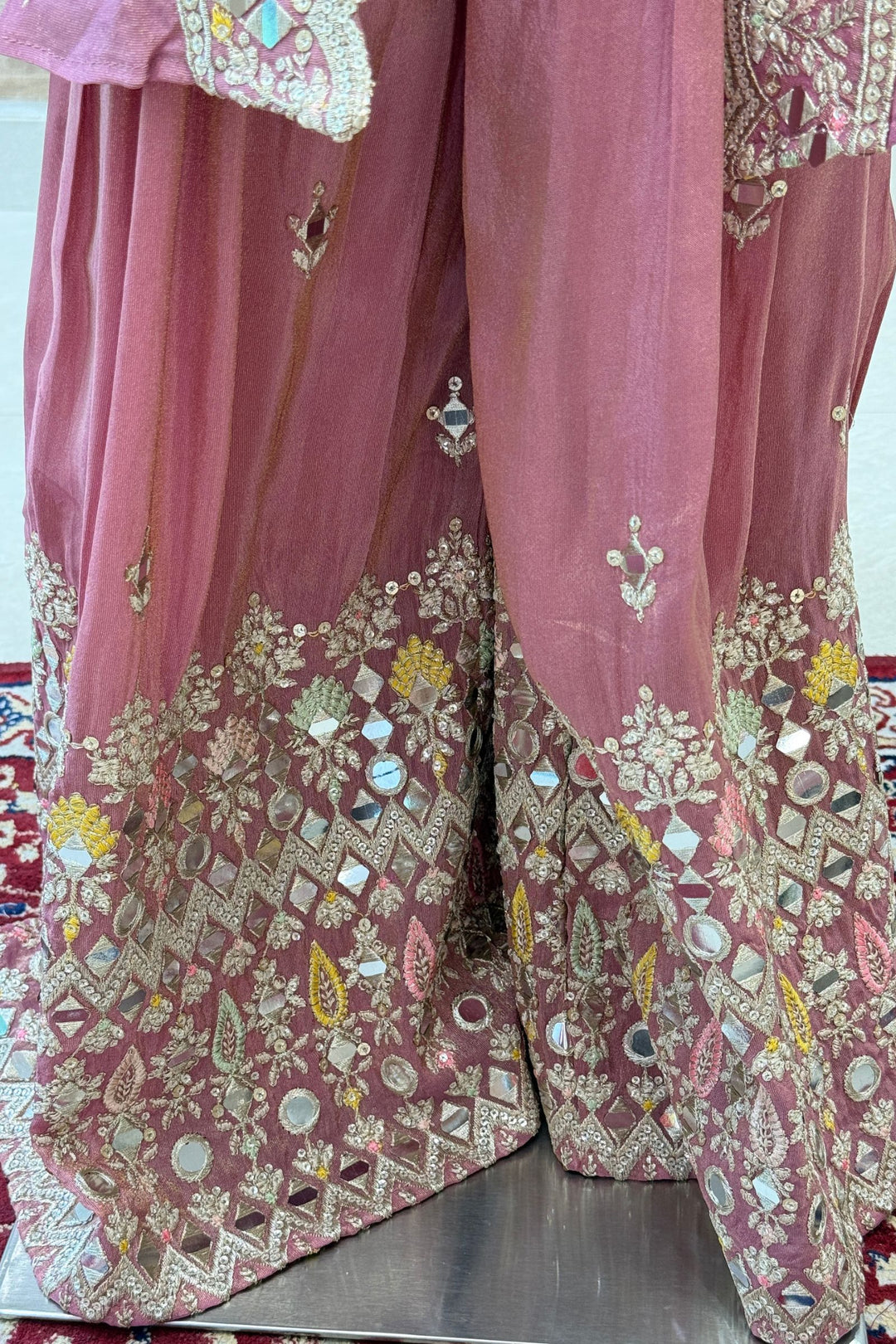 Onion Pink Sequins, Zari and Thread work Overcoat Style Palazzo Suit Set for Girls