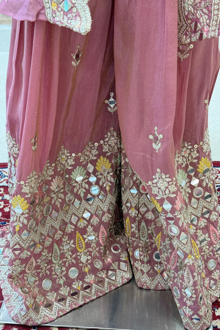 Onion Pink Sequins, Zari and Thread work Overcoat Style Palazzo Suit Set for Girls