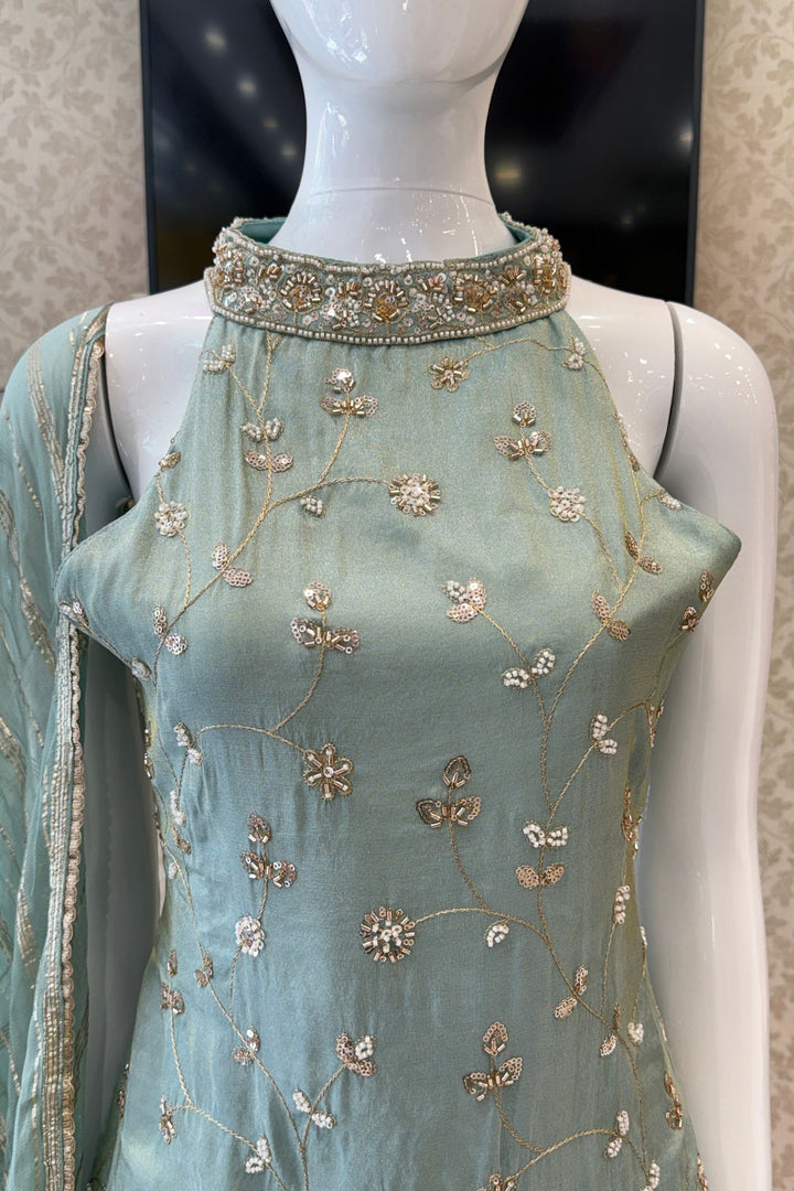 Sea Green Zari, Sequins and Beads work Palazzo Salwar Suit