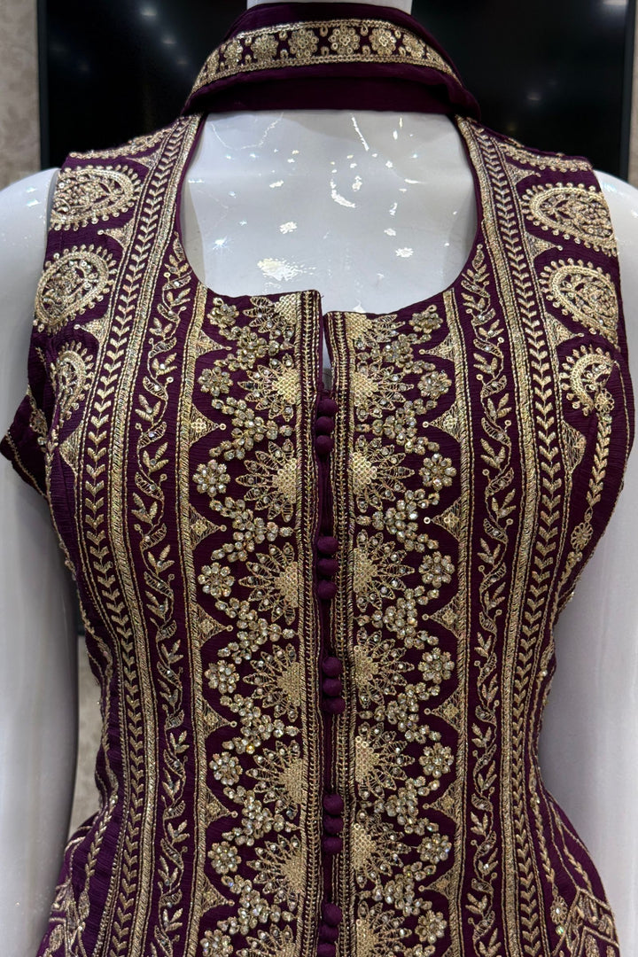 Wine Zari, Sequins, Stone and Beads work Top with Flared Palazzo Set