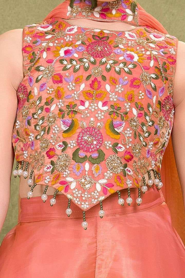 Orange Pearl, Sequins, Beads and Multicolor Embroidery work Palazzo Suit Set for Girls