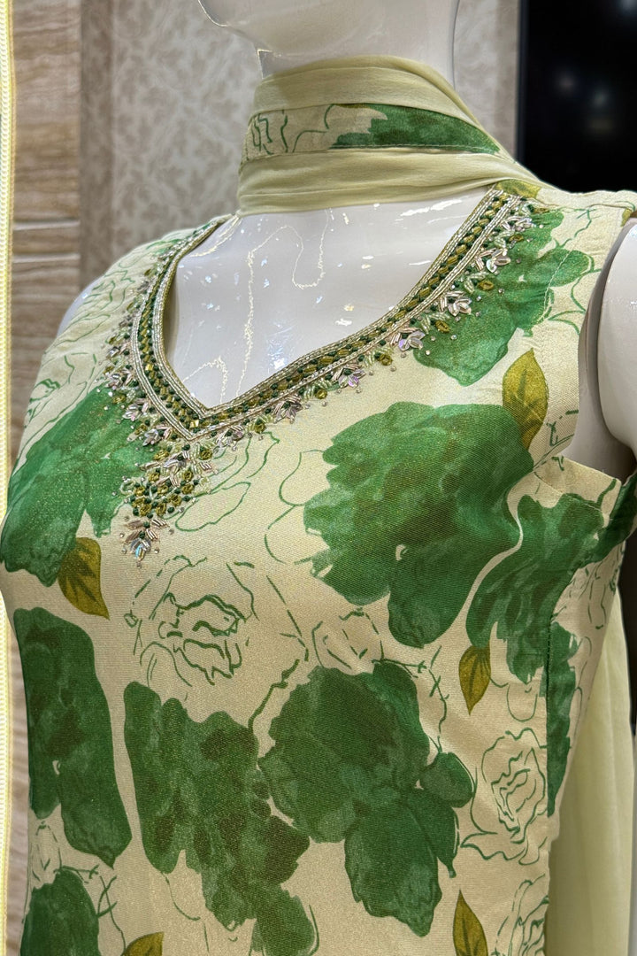 Beige with Green Floral Print with Zardozi and Mirror work Straight Cut Salwar Suit