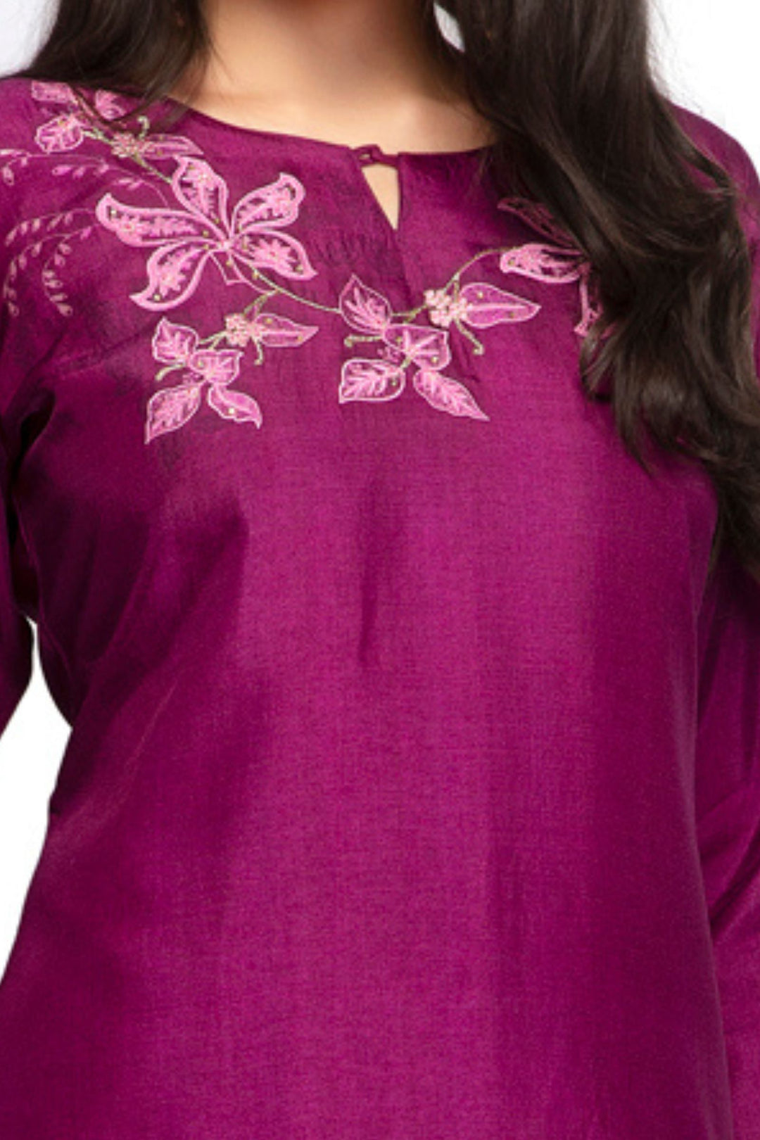 Purple Embroidery, Mirror and Zari work with Floral Print Calf Length Kurti