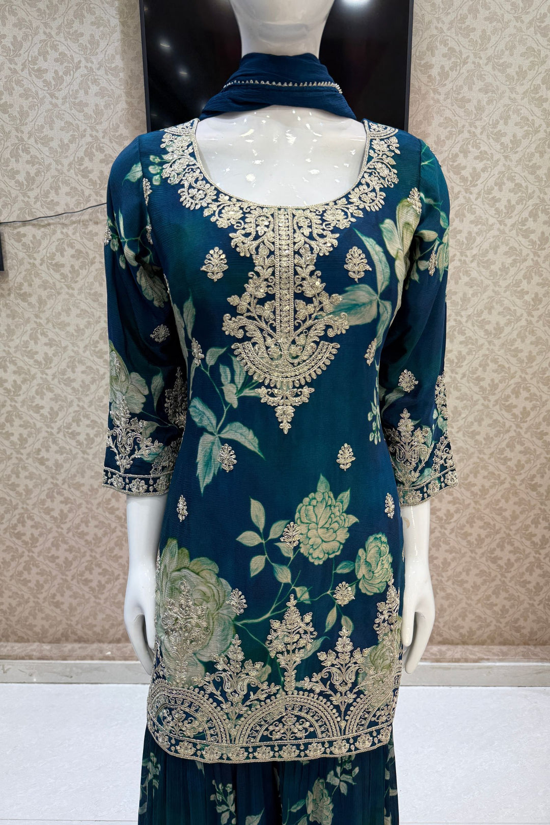 Peacock Blue Sequins and Zari work with Floral Print Sharara Salwar Suit