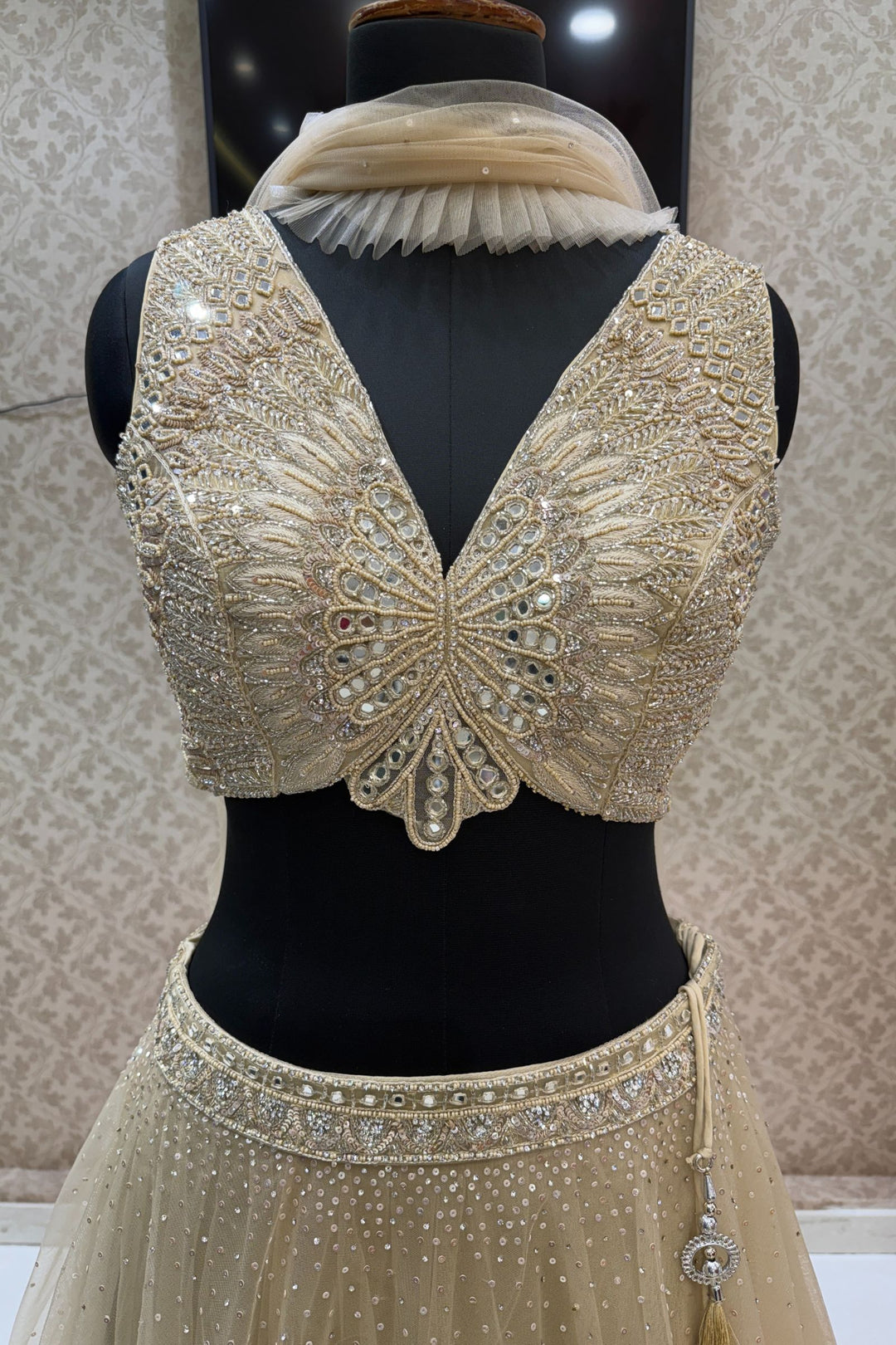 Beige Mirror, Beads, Sequins, Thread and Stone work Crop Top Lehenga