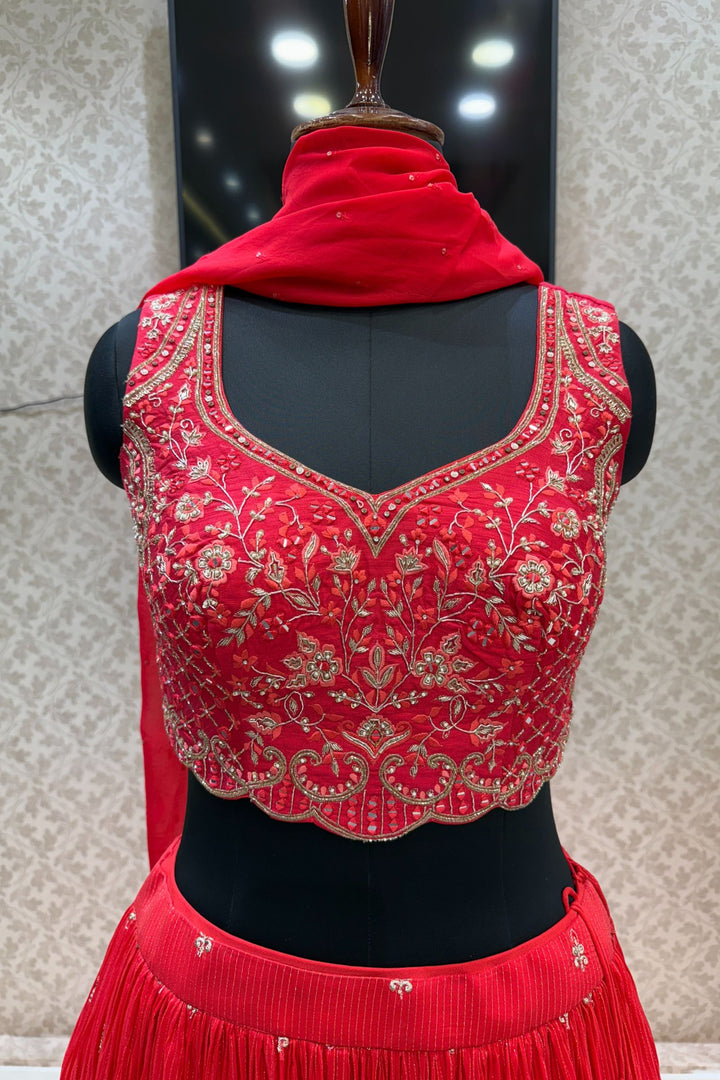 Red Mirror, Zardozi, Beads, Thread, Stone, Zari and Sequins work Crop Top Lehenga